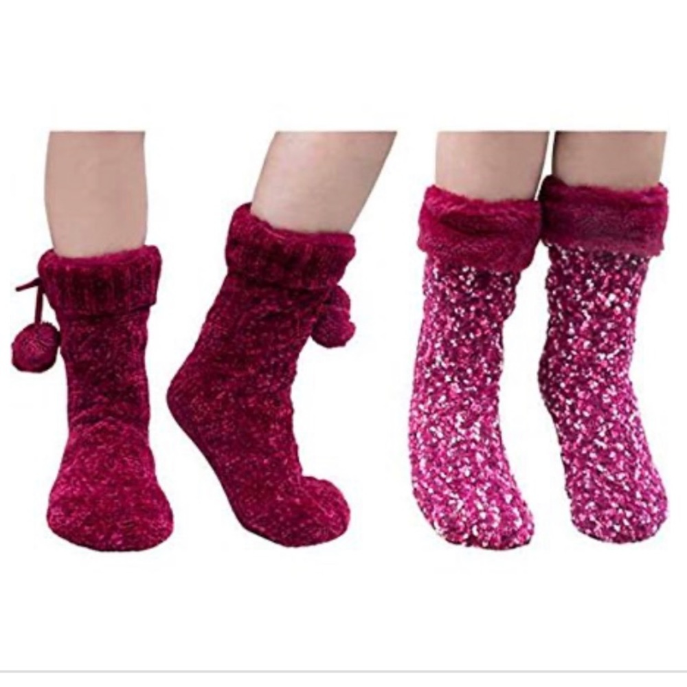Jane & Bleecker 2 Pair Slipper Socks for Ladies (Pink Popcorn Stitch/Chenille)